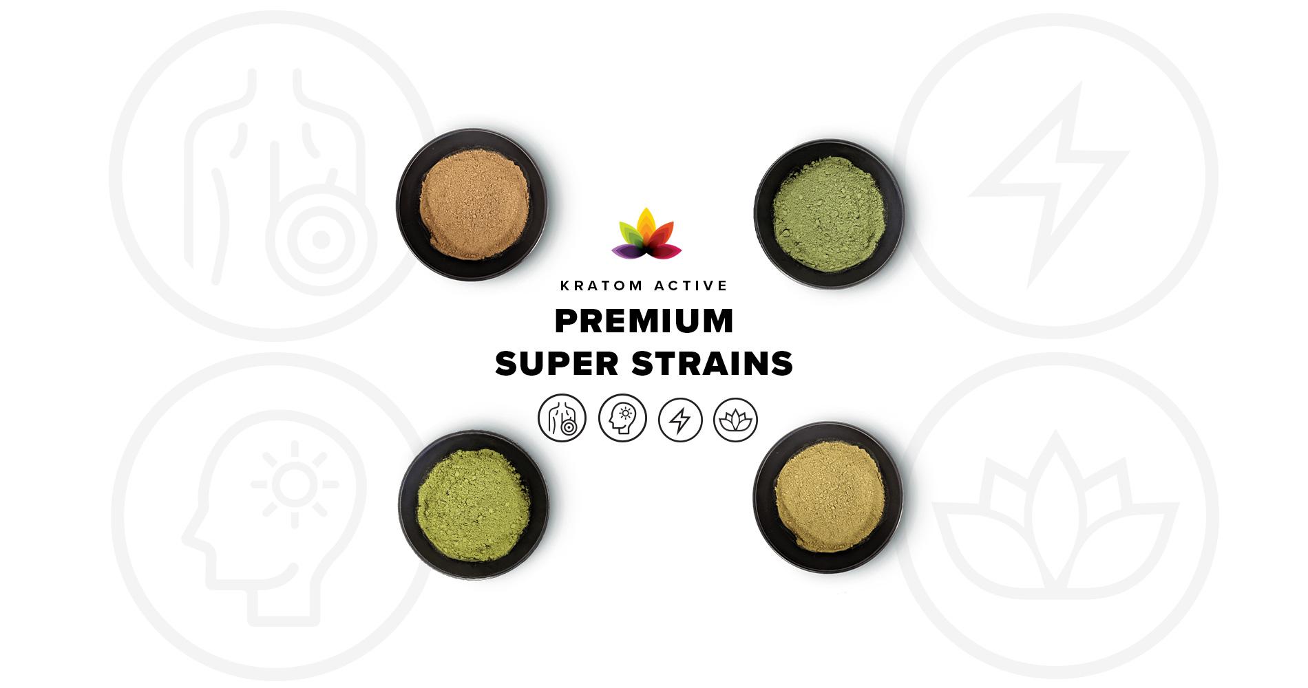 Buy Kratom in Langley 17 Kratom Active Premium Super Strains banner with four bowls of kratom powder
