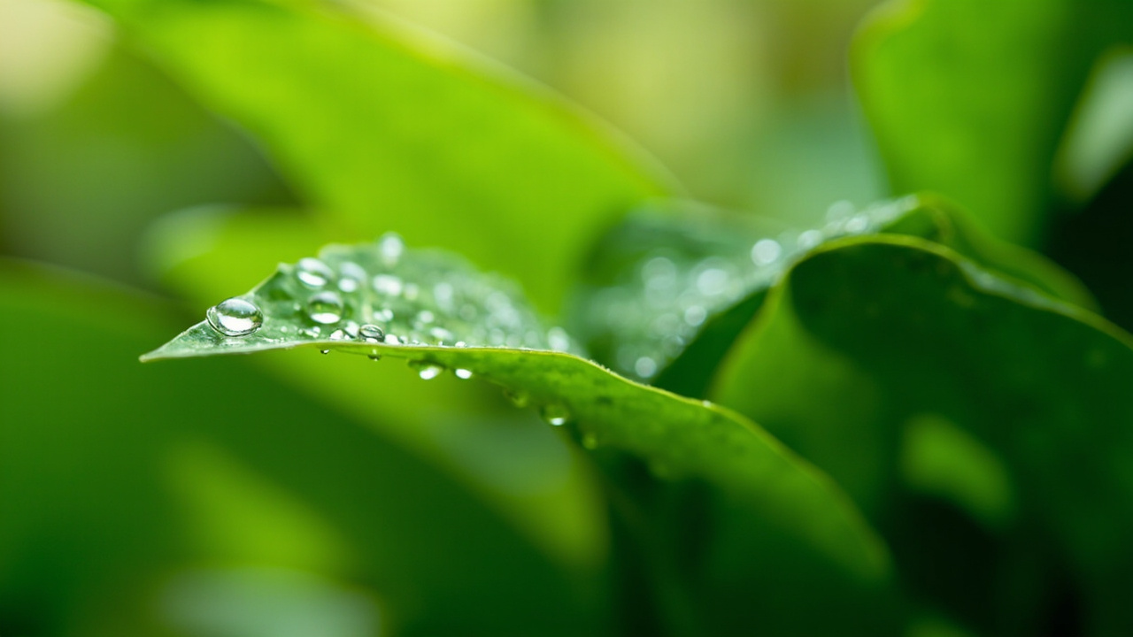 close-up of lush green tropical leaves with morning dew drops and soft natural light