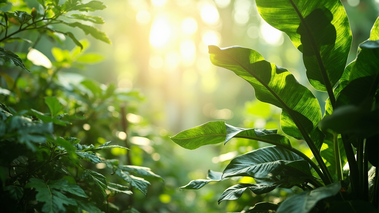 serene botanical garden scene with various tropical plants and soft morning sunlight filtering through leaves