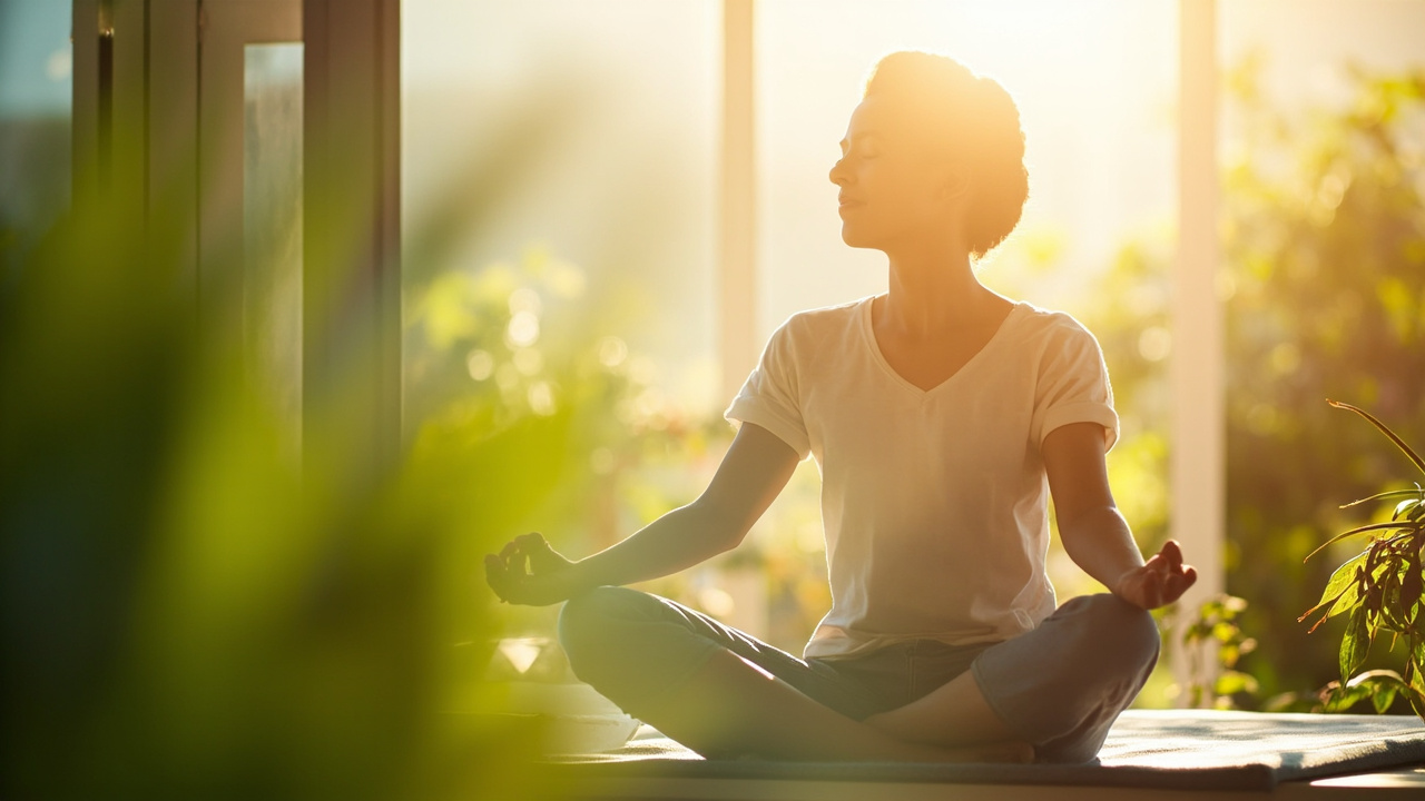 Boosting Your Mood Naturally: A Holistic Approach 1 serene meditation scene with soft natural lighting, person sitting peacefully in morning light with green plants nearby
