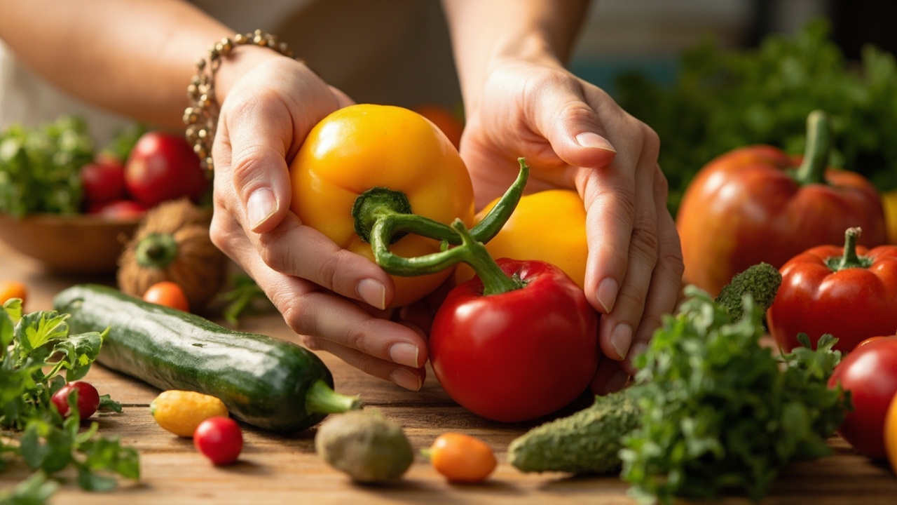 Boosting Your Mood Naturally: A Holistic Approach 2 hands arranging colorful fresh vegetables and fruits on a wooden surface with warm natural lighting