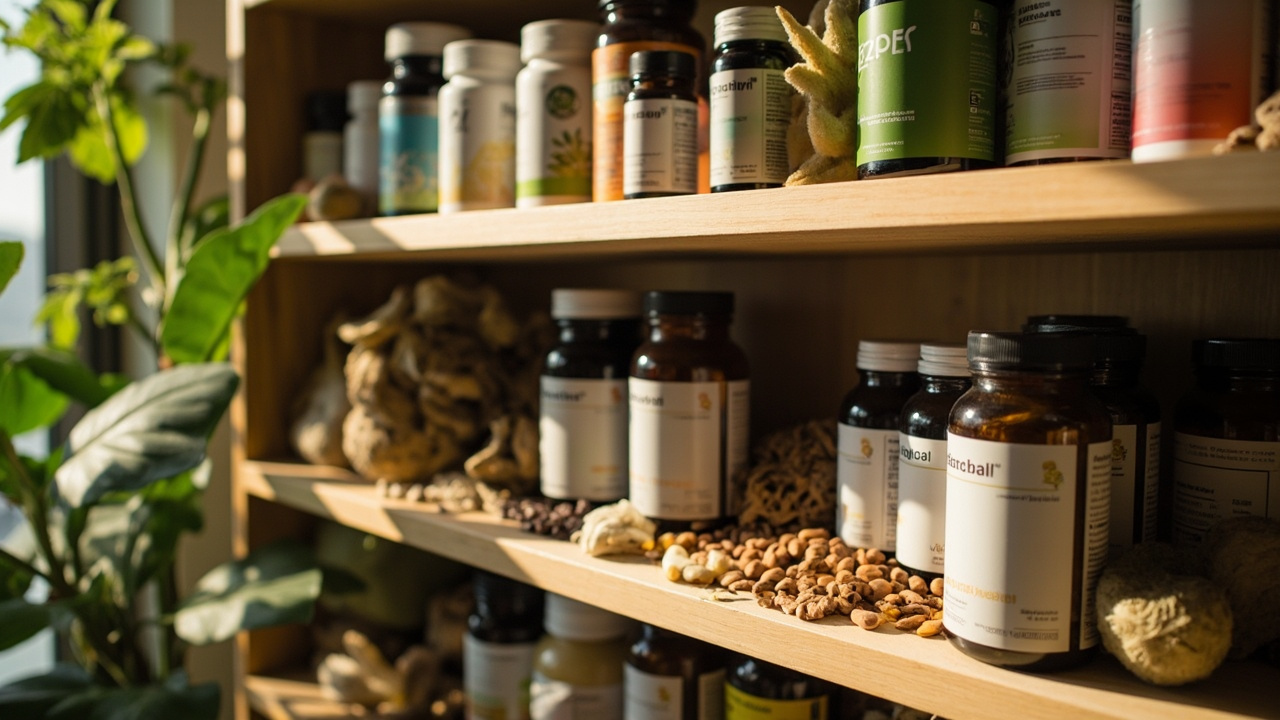 How to Buy Kratom Online Safely in Canada 2 organized collection of various botanical herbs and natural supplements on wooden shelves with soft lighting