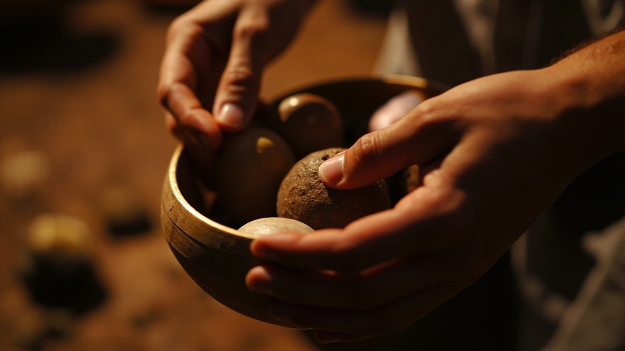 Buying Kava In Canada: Your Guide to Canadian Kava 2 hands carefully preparing traditional kava drink, showing the ritualistic mixing process with a wooden bowl and coconut shells in warm lighting