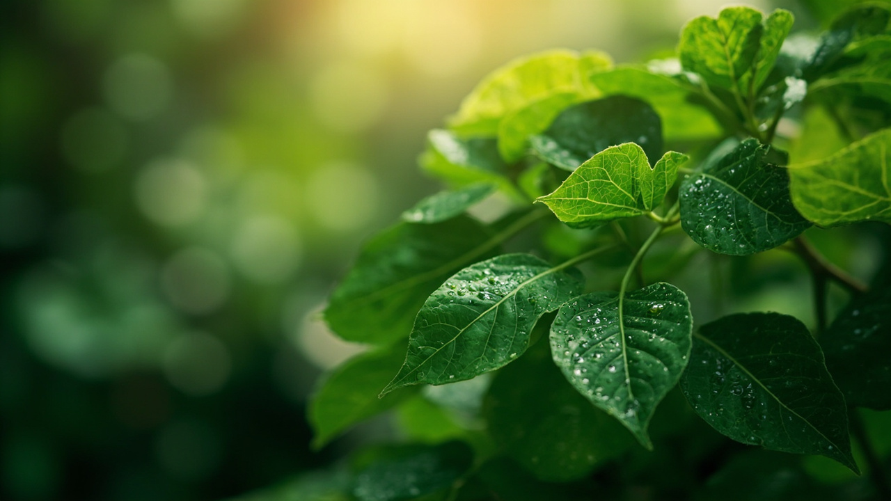 Green Vein Kratom: Effects, Strains, and Benefits 1 close-up of lush green tropical Kratom leaves with visible green veins and morning dew drops, soft natural lighting filtering through