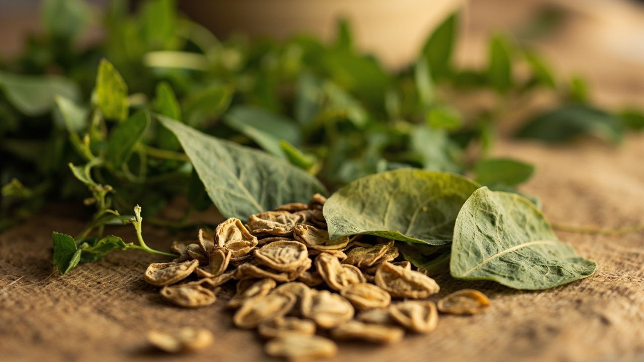 Green Vein Kratom: Effects, Strains, and Benefits 2 natural botanical arrangement featuring dried Kratom leaves alongside fresh green herbs, warm earth tones, peaceful wellness aesthetic