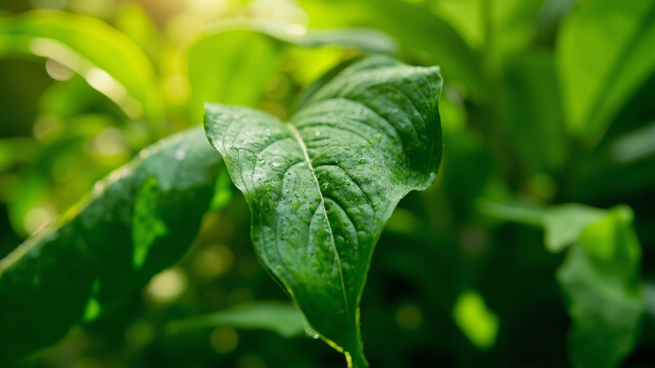 Kratom for Beginners: A Complete Canadian Guide 1 close-up of lush green tropical leaves with morning dew drops and soft natural light