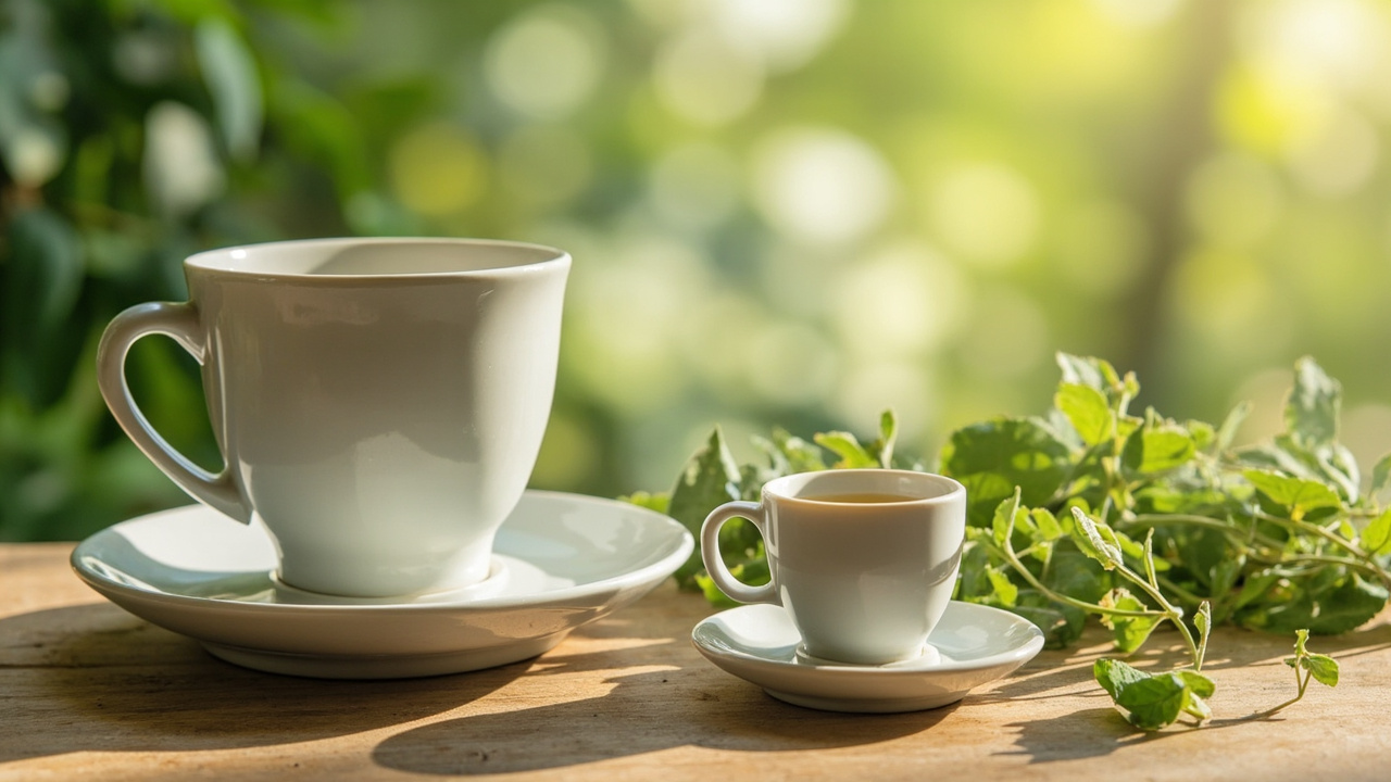 Kratom for Beginners: A Complete Canadian Guide 2 calm wellness setting with natural lighting, ceramic tea cups, and green botanical elements arranged on a wooden surface