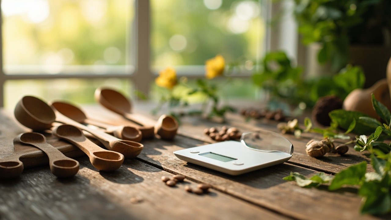 Kratom Dosage Guide: How Much Should You Take 2 rustic wooden table with various sizes of measuring spoons and a small digital scale, surrounded by natural botanical elements and soft window light