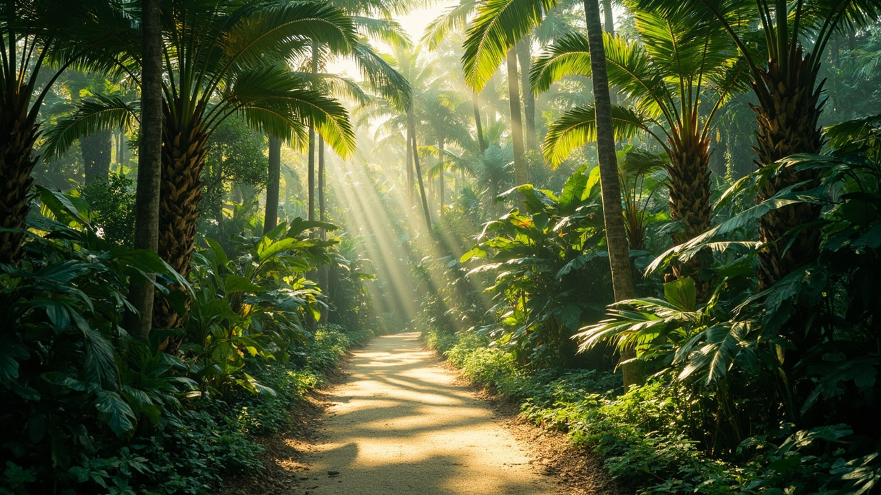 Kratom Extract Canada: What You Need to Know 1 serene botanical garden with tall tropical trees casting soft shadows on a winding path through lush greenery
