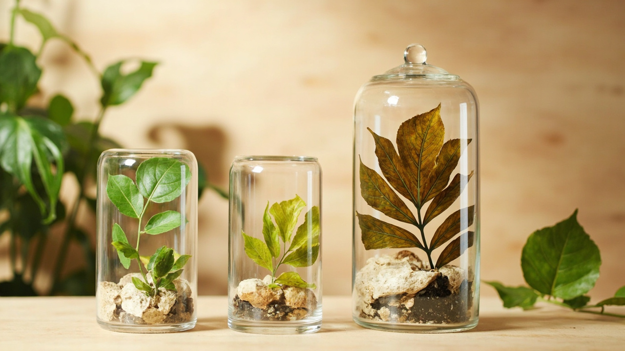 Kratom Extract Canada: What You Need to Know 2 collection of botanical specimens displayed in glass cases showing different leaf shapes and vein colors against a natural wooden background