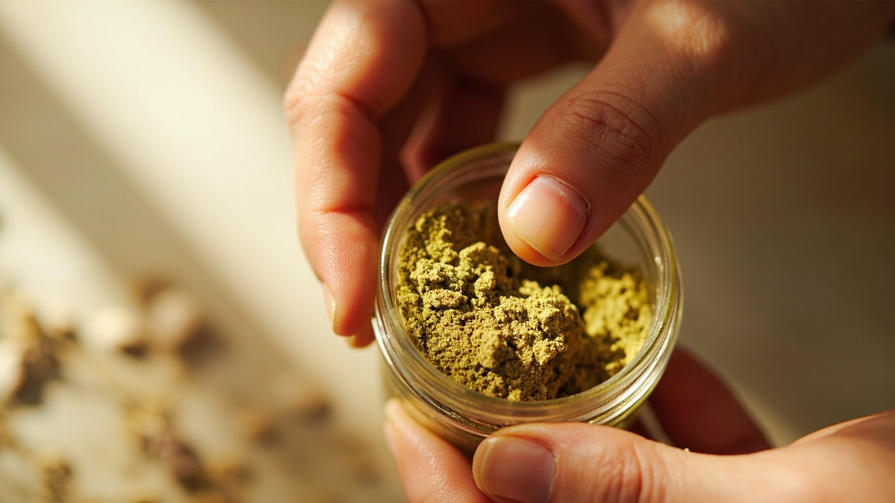 Kratom Extract vs Powder: What Is the Difference 2 hands carefully measuring golden-green powder into a small glass container with soft natural lighting