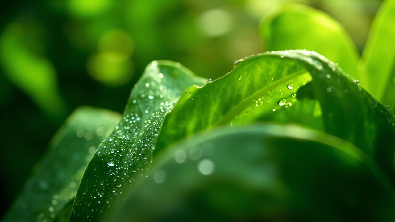 Kratom for Pain Relief: What You Need to Know 1 close-up of lush green tropical leaves with morning dew drops and soft natural light