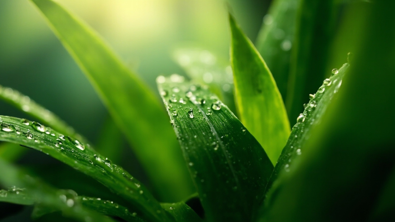close-up of lush green tropical leaves with morning dew drops and soft natural light
