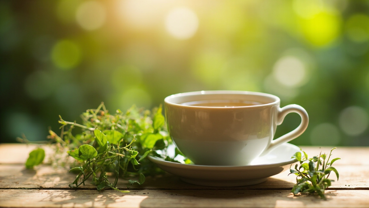 calm wellness setting with natural lighting, fresh herbs, and a ceramic cup of tea on a wooden table