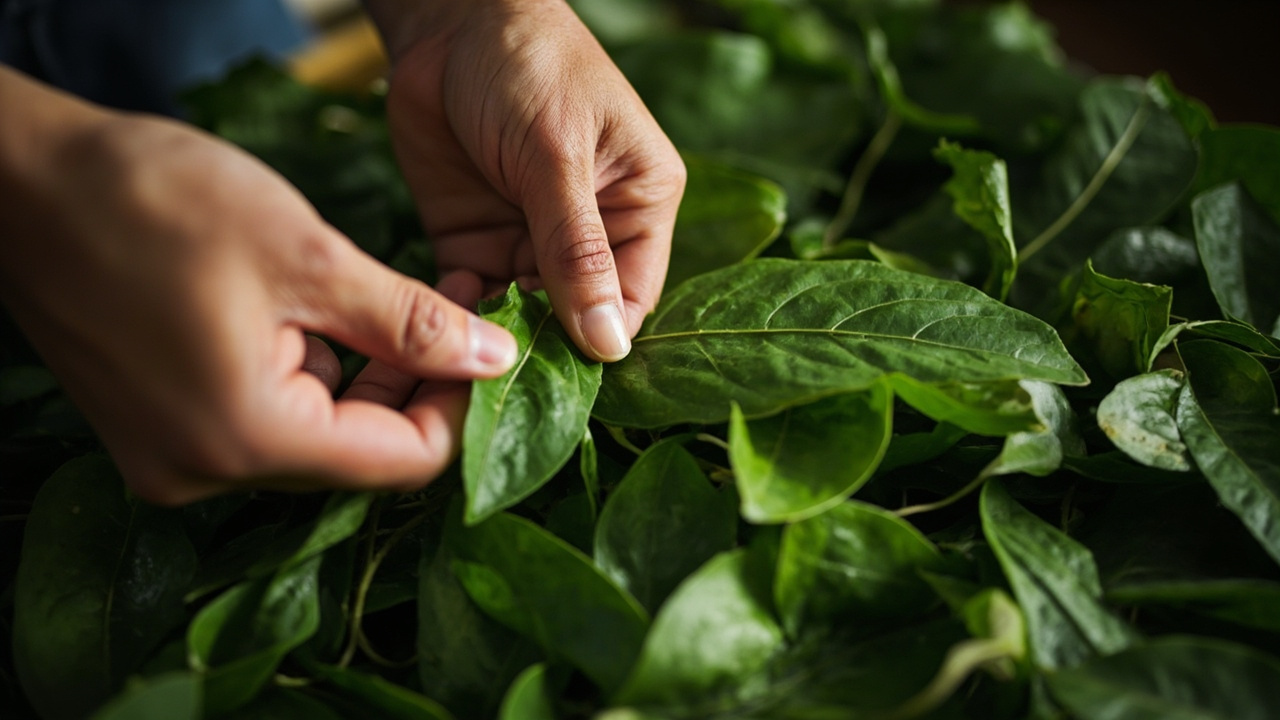 Maeng Da Kratom: The Most Popular Strain Explained 2 hands carefully examining fresh green mitragyna speciosa leaves at a traditional processing facility in Southeast Asia