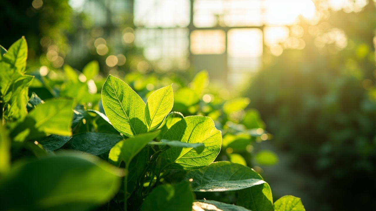 Northern Organix Vendor Review: A Canadian Kratom Vendor 1 serene morning scene of lush green botanical leaves with soft sunlight filtering through a natural greenhouse setting