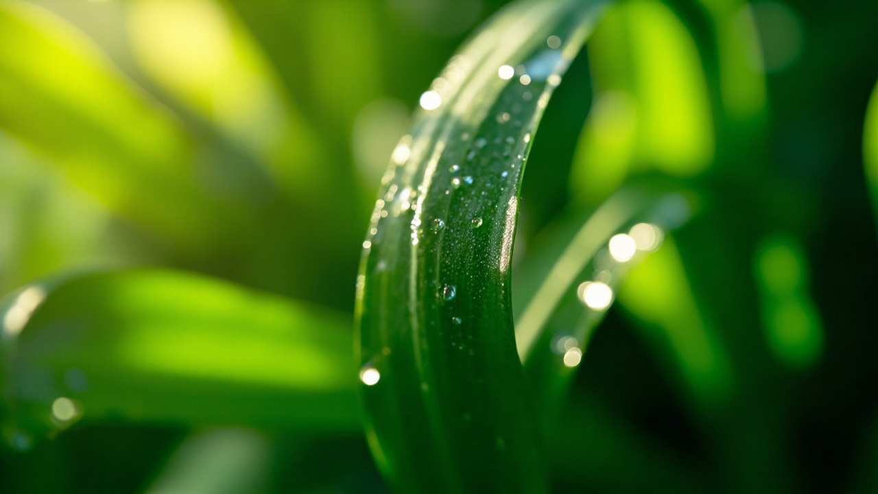 close-up of lush green tropical leaves with morning dew drops and soft natural light