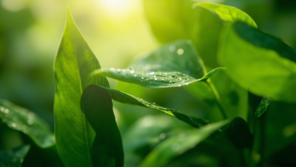 close-up of lush green tropical leaves with morning dew drops and soft natural light