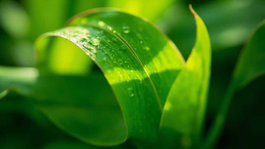 close-up of lush green tropical leaves with morning dew drops and soft natural light