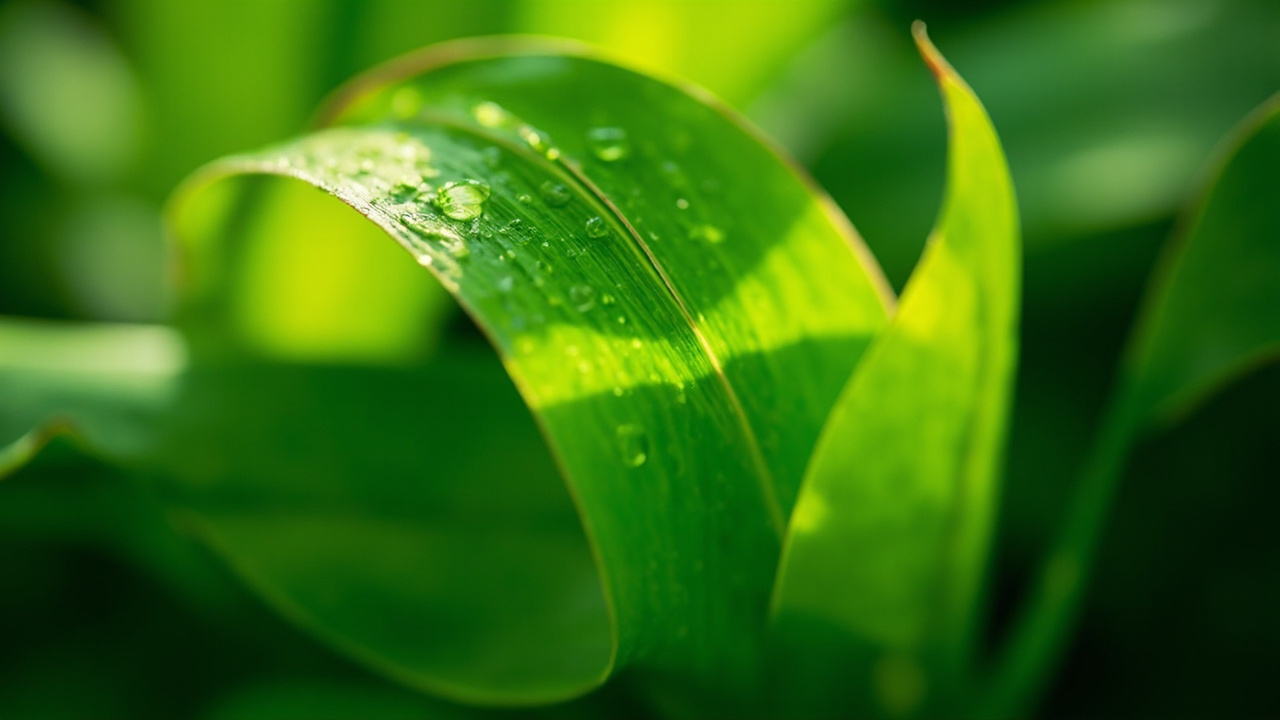 close-up of lush green tropical leaves with morning dew drops and soft natural light
