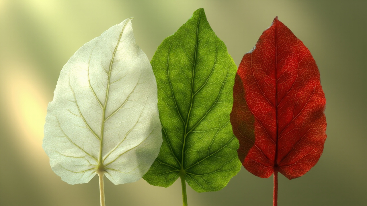 botanical illustration showing three different Kratom leaves displaying white, green, and red vein colors side by side with gentle lighting