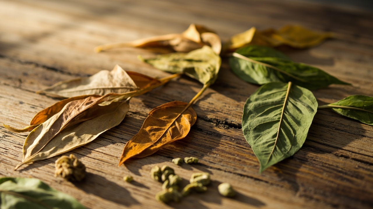 White Vein Kratom: Energy, Focus, and Best Strains 2 arrangement of different colored dried Kratom leaves on a natural wooden surface with soft lighting