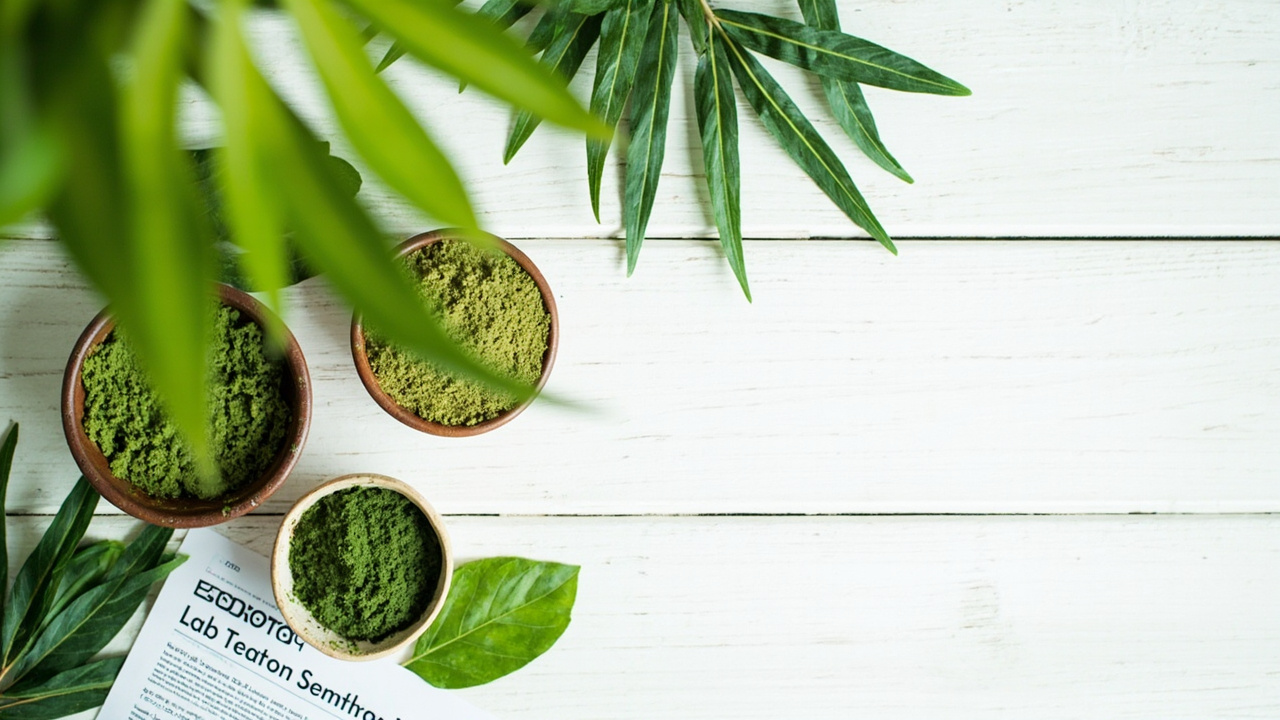 Fresh green kratom powder, botanical leaves and a lab certificate — Kratom Earth review