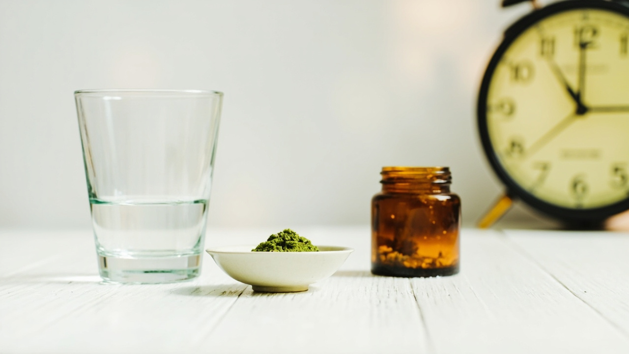 Water, kratom powder and an airtight storage jar with a clock — kratom effects, safety and duration guide