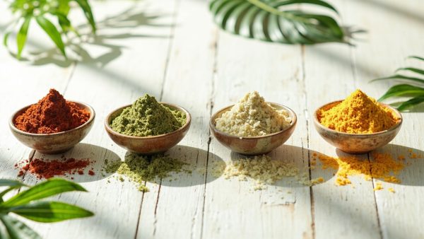 Red, green, white and yellow kratom powders in bowls — complete Canadian kratom strains guide