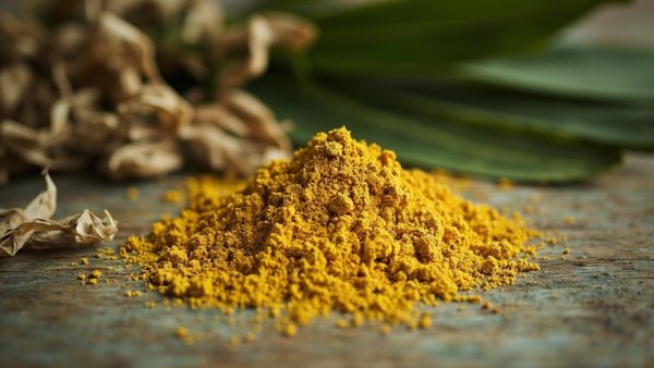 Yellow vein kratom powder beside dried leaves
