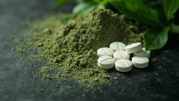 7-OH tablets contrasted with natural kratom leaf powder