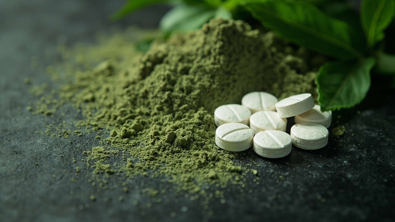 7-OH tablets contrasted with natural kratom leaf powder