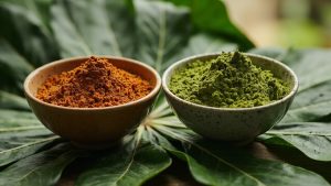 Red and green maeng da kratom powders side by side
