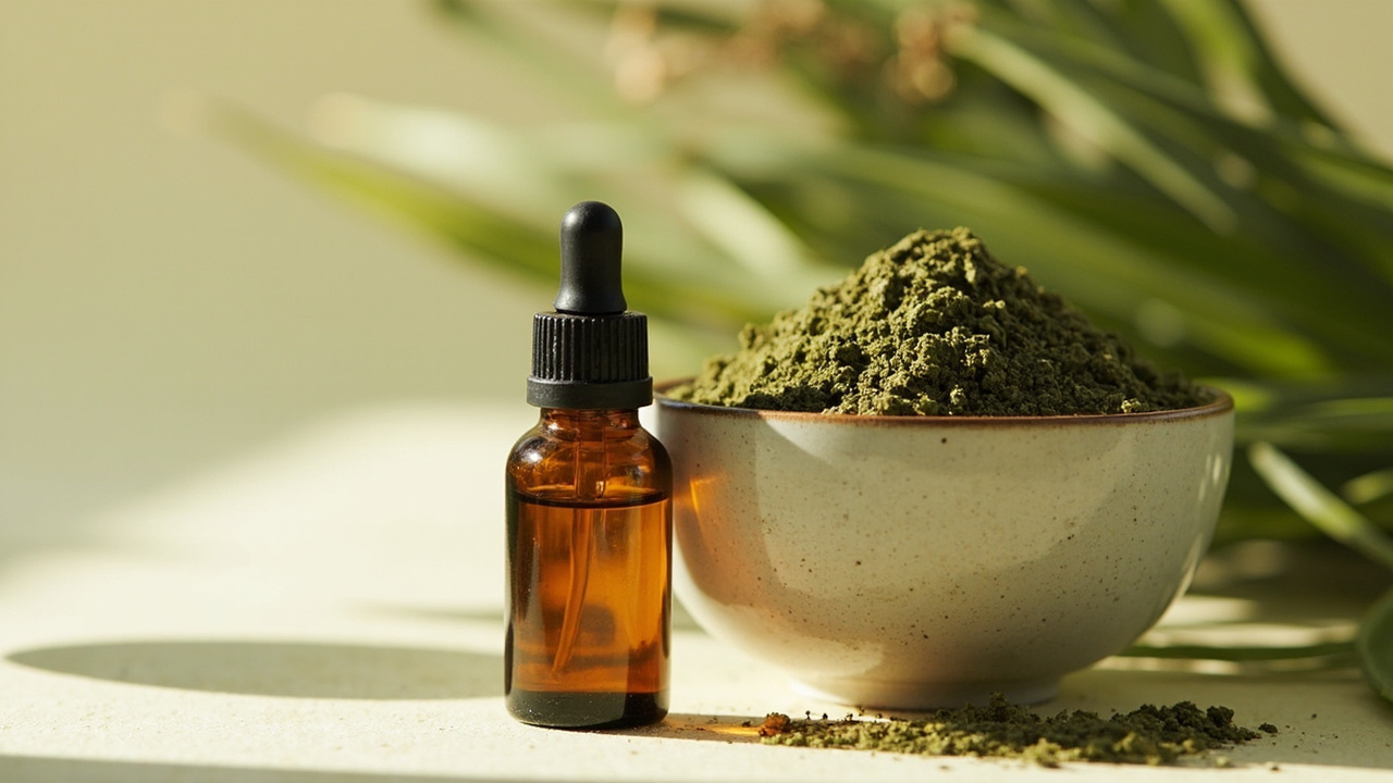 Kratom extract tincture beside whole leaf powder